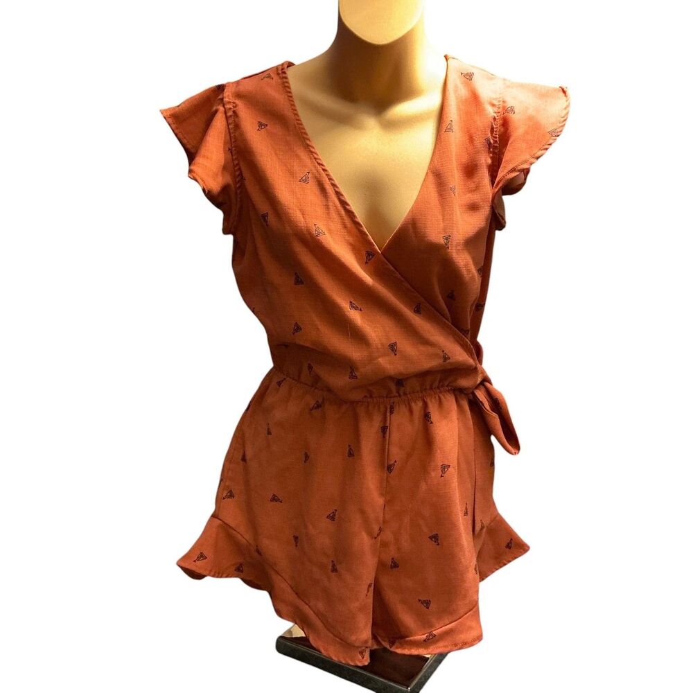 E & M Romper Juniors Small Orange Sailboat Print Wrap V-Neck Elastic Waist